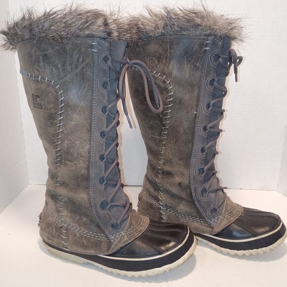 SOREL Cate Women's Sz 5US/36EU Gray Tall Fur Lined Snow Boot Lace-Up - Picture 1 of 13